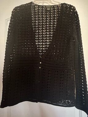 Eddie Bauer Women's Hand Crochet V-Neck Cardigan Sweater - Black EUC SZ Small